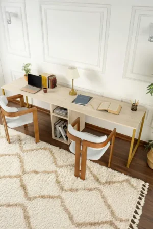 Bureau double avec rangement central - plateau effet travertin MARFA Acheter Direct