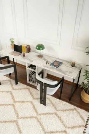 Must-Have Bureau double avec rangement central - plateau effet marbre MARFA