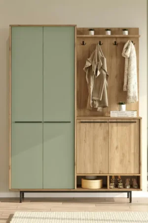 Meuble d'entrée avec rangement - vert sauge et effet chêne JENA Retour Gratuit