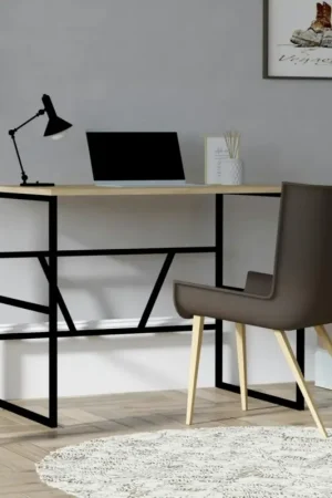 Petit bureau moderne noir avec plateau effet chêne clair JENA Authentique