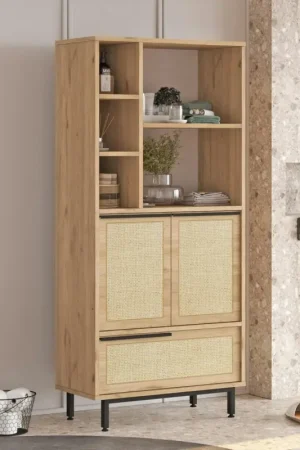 Meuble salle de bains haut avec cannage & effet bois JENA Bon Marché