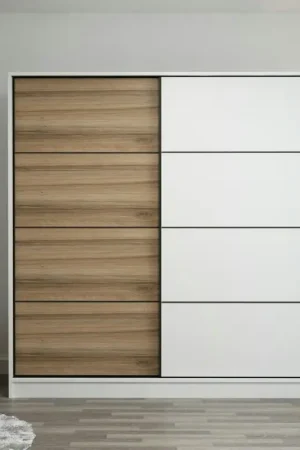 Vente Flash Armoire penderie à portes coulissantes, blanc & effet bois BYRON