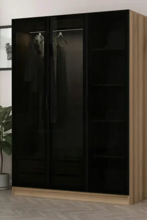 Meilleur Choix Armoire penderie design effet bois, 3 portes vitrées BYRON