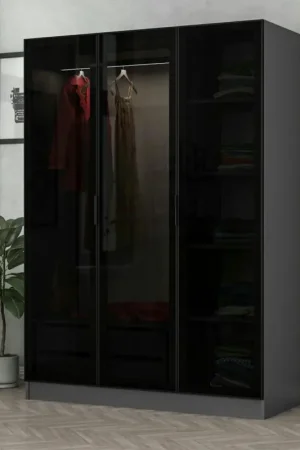 Usine Directe Armoire penderie grise design, 3 portes vitrées BYRON