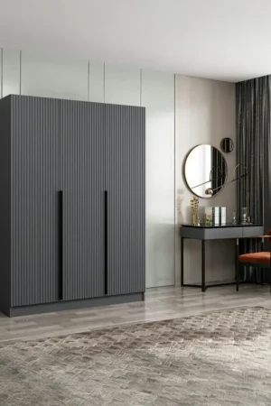 Armoire penderie design 3 portes grises rainurées BYRON Paiement Sécurisé