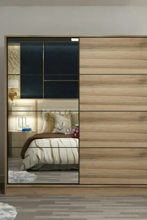 Armoire penderie coulissante effet bois et miroir BYRON Dernier Modèle