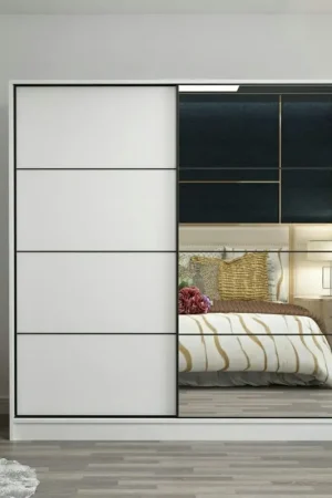 Armoire blanche 2 portes coulissantes, 1 miroir BYRON Populaire