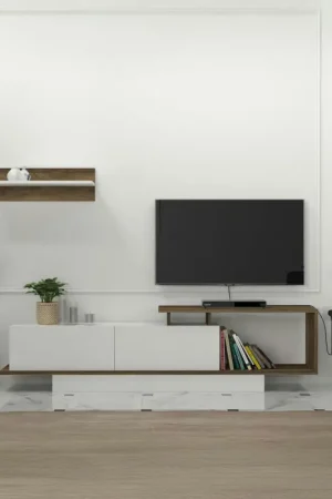 Banc TV design blanc & effet noyer avec étagère MARFA Offre Spéciale