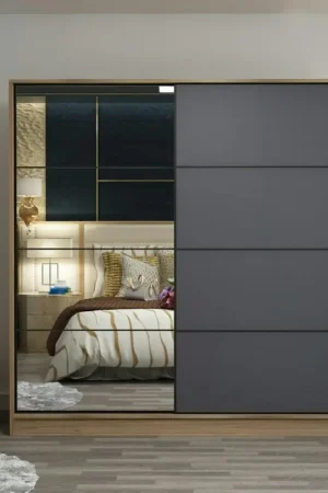Paiement Sécurisé Armoire penderie chambre, 1 porte grise & miroir H 210 cm BYRON