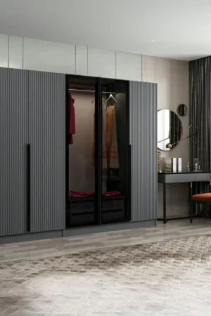 Armoire dressing design gris 2 portes verre BYRON Retour Gratuit