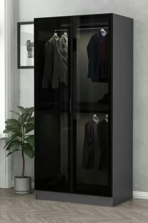 Vente Flash Armoire penderie design grise - 2 portes vitrées BYRON