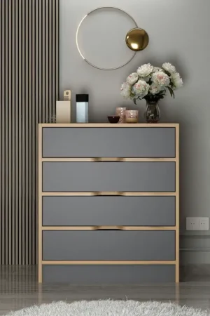 Petite commode moderne 4 tiroirs effet noyer & gris BYRON Meilleure Vente