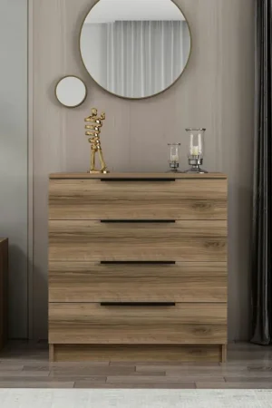 Petite commode moderne 4 tiroirs effet bois de noyer BYRON Expédition Rapide