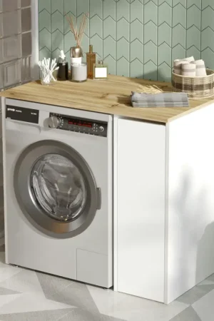 Meuble pour lave-linge 1 tiroir, blanc & bois clair MARFA Bon Marché