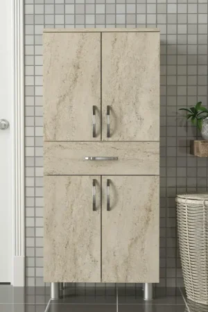 Meuble salle de bains effet travertin, 4 portes 1 tiroir JENA Offre Limitée