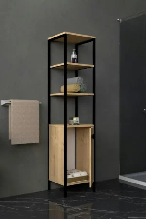 Colonne salle de bains effet chêne 1 porte 3 étagères JENA Super Prix