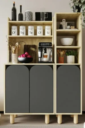 Prix Bas Vaisselier cuisine effet bois 3 portes anthracites VAREN