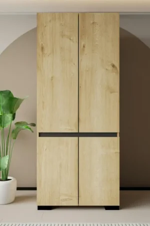 Armoire 2 portes effet bois détail gris, 5 étagères BYRON Offre Spéciale