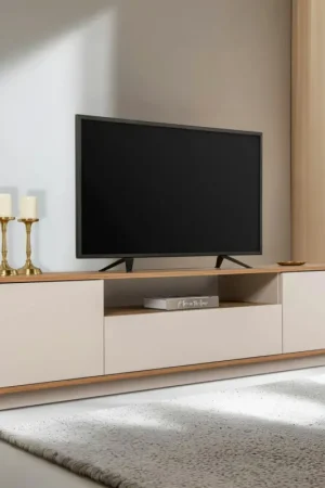 Authentique Meuble TV moderne 3 portes beige crème et effet pin MARFA
