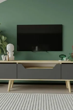 Authentique Meuble TV moderne 3 portes grises cadre clair 150 cm MARFA