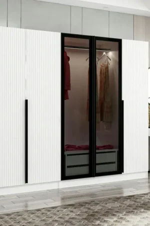 Vente Directe Armoire penderie blanche rainurée, 2 portes verre 225 cm BYRON