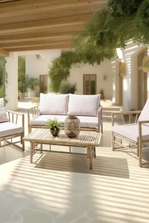 Retour Gratuit Canapé 2 places, 2 fauteuils et table basse en bambou CALVIA