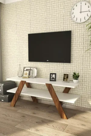 Banc TV blanc moderne avec pieds décor bois foncé MARFA Prix Bas