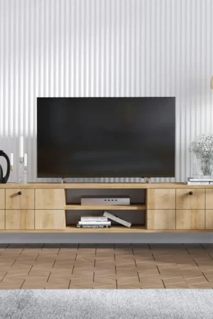 Acheter Direct Banc TV avec rangement 2 portes décor bois motif damier UMEA
