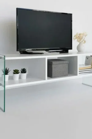 Achat Immédiat Meuble TV blanc design avec montants en verre SALTA