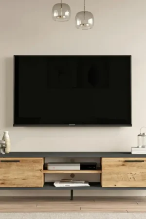 Acheter En Ligne Meuble TV moderne décor bois et gris 2 portes 2 niches JENA