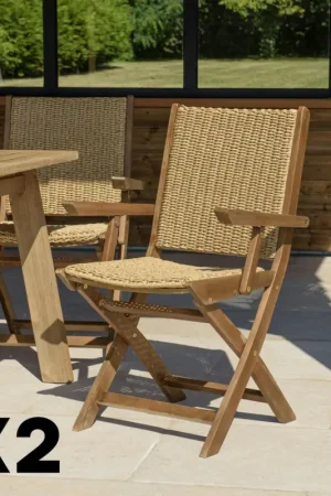 Lot de 2 fauteuils pliants acacia huilé et rotin synthétique OSTIA Promotion