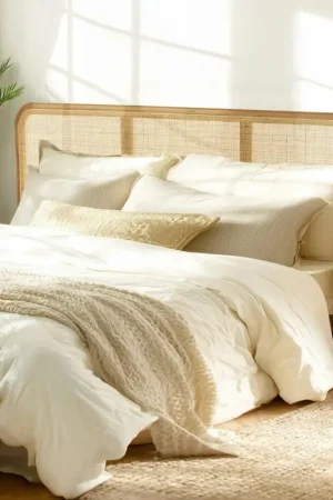 Promotion Saisonnière Tête de lit en bois de mindi et rotin naturel pour lits 160/180cm TIVARO