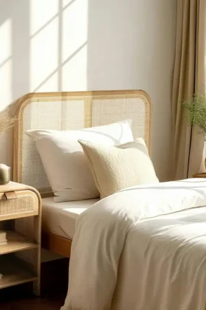 Tête de lit en bois de mindi et rotin naturel pour lits 80/90cm TIVARO Pas Cher