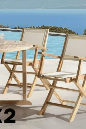 Lot de 2 fauteuils pliants teck et textilène couleur beige ALERIA Livraison Express