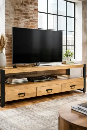 Affaire À Saisir Meuble TV en bois clair et métal noir 3 tiroirs MILORA