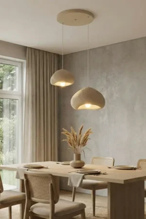 Nouvelle Collection Suspension beige design organique 2 abat-jour 70 cm NOXIS