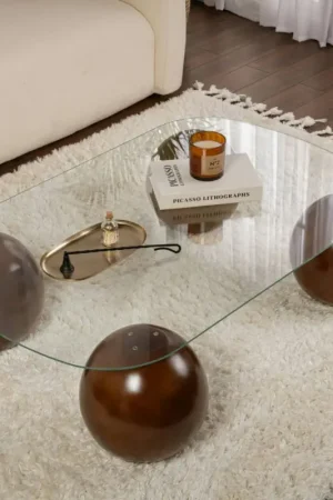 Nouvelle Collection Table basse verre bords arrondis 4 pieds boule KOCHI