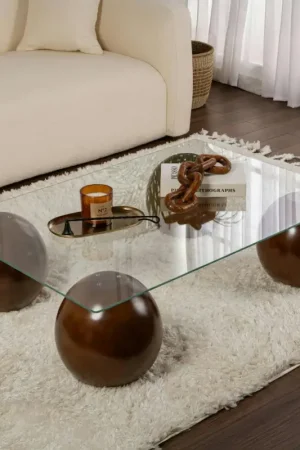 Table basse rectangulaire en verre 4 pieds boule KOCHI Achat Immédiat