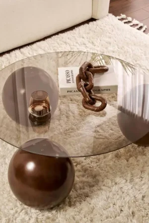 Bon Marché Table basse ronde verre ambré 3 pieds boule KOCHI