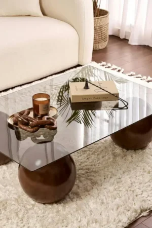 Nouvel Arrivage Table basse rectangulaire verre fumé 4 pieds boule KOCHI