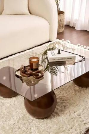 Must-Have Table basse rectangulaire verre ambré 4 pieds boule KOCHI