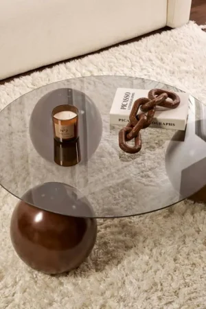 Table basse ronde verre fumé 3 pieds boule KOCHI Solde