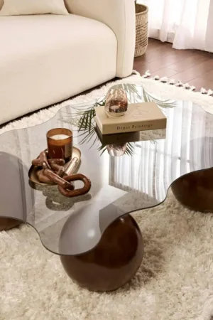 Nouvelle Collection Table basse verre fumé design organique 4 pieds boule KOCHI