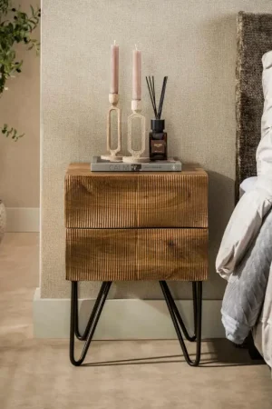 Prix Cassé Table de chevet bois rainuré 2 tiroirs pieds épingle DELHI