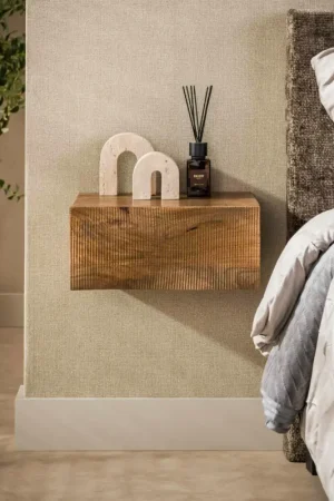 Table de chevet suspendue 1 tiroir bois rainuré 40 cm DELHI Vente Flash