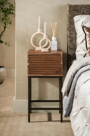 Table de chevet bois d'acacia 1 tiroir strié NAKO Prix Promo