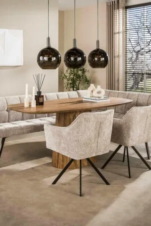 Banc de table tissu doux sable, angle droit MELBOURNE Commander Vite