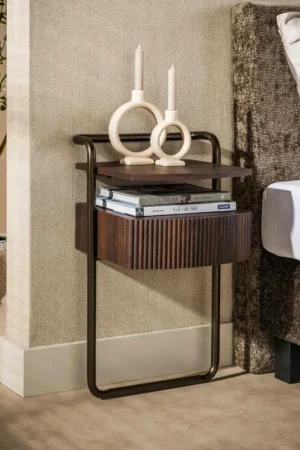 Dernier Modèle Table de chevet 1 tiroir effet bois et métal bronze TERRA
