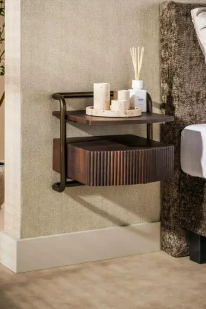 Table de chevet suspendue 1 tiroir effet bois et métal bronze TERRA Populaire