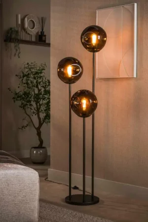 Lampadaire vintage verre brun 3 globes sur tige bronze NIAGARA Promotion